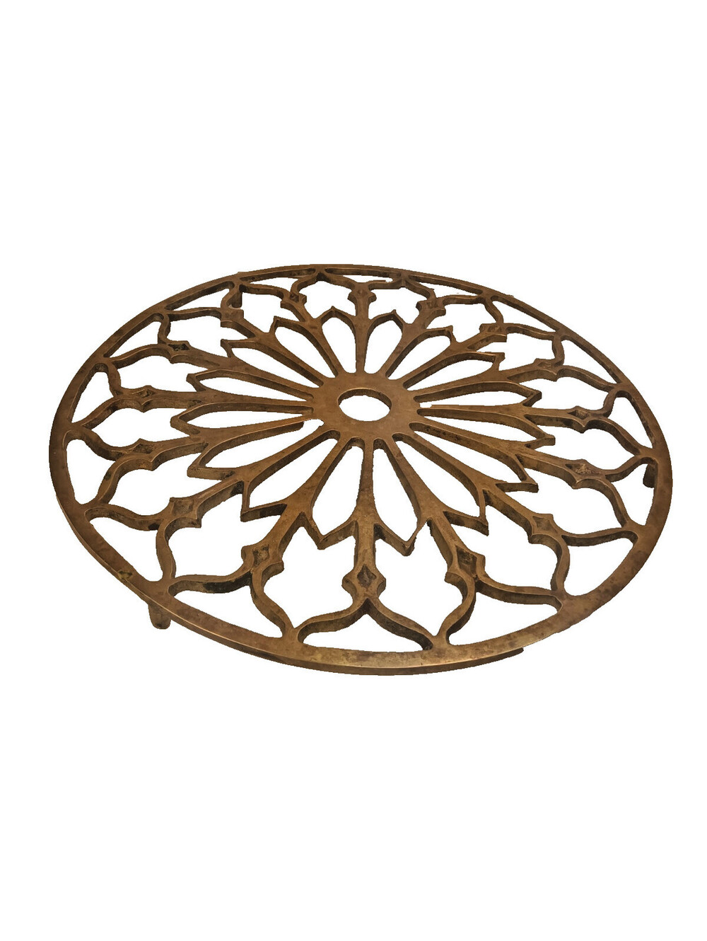 Vintage Solid Brass 10" Rosette Trivet Gothic Rose Window Heavy Footed Taiwan